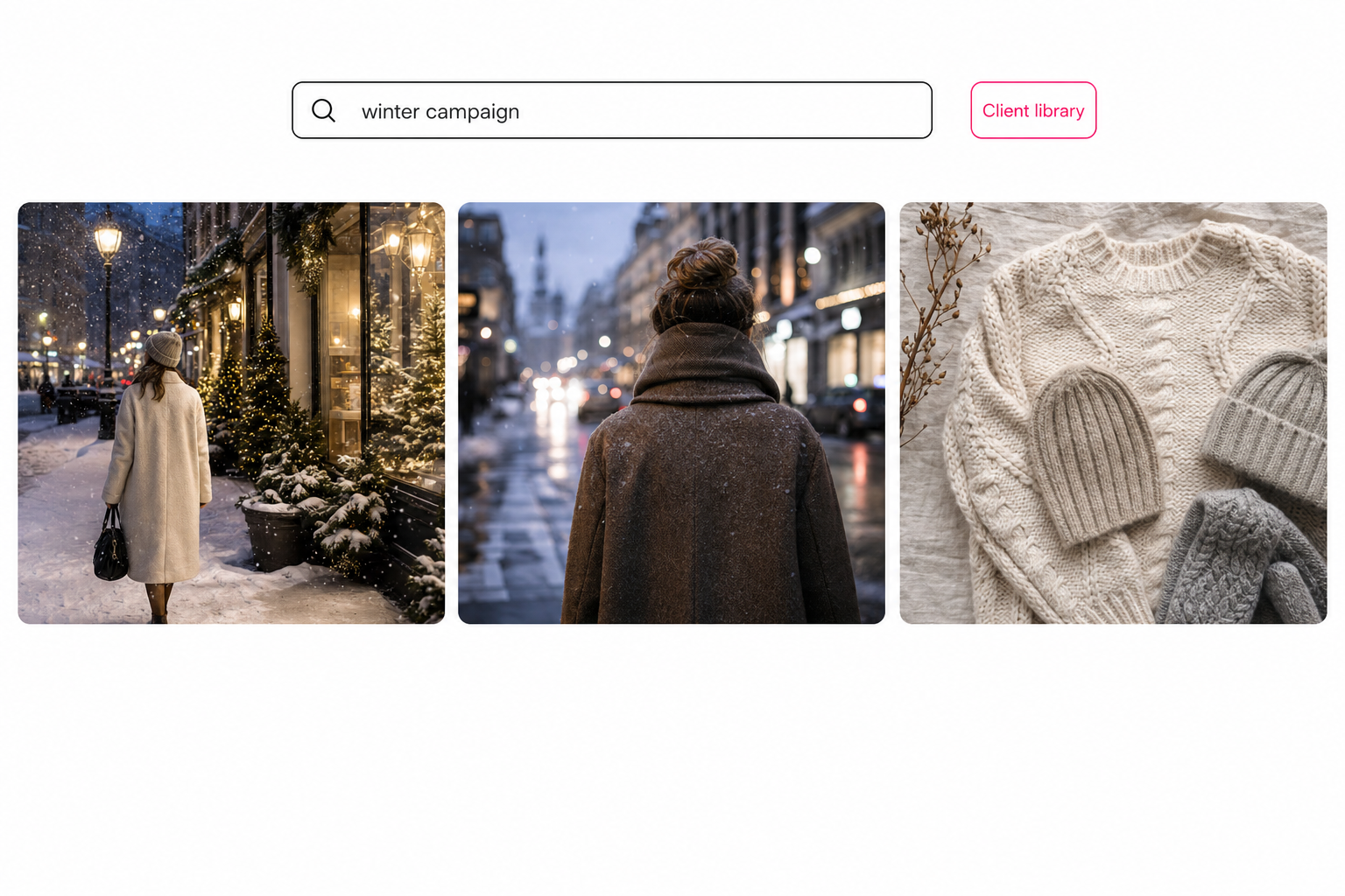 A photo search for winter campaign returning three matching photos inside a client library view.