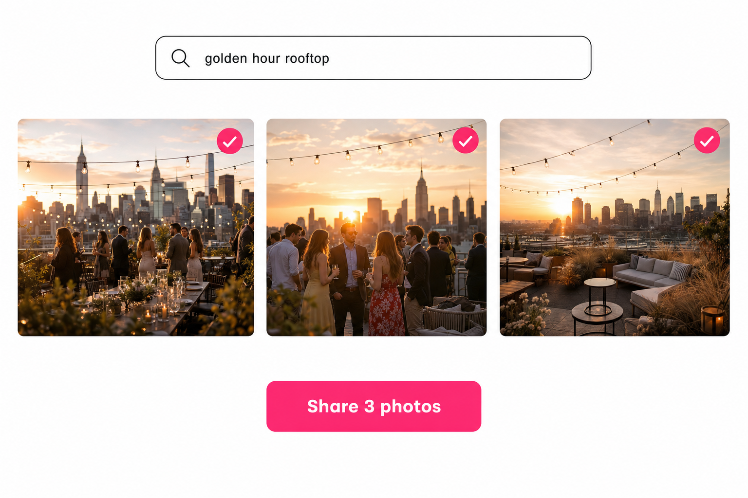 A photo search for golden hour rooftop returning three matching shots, all selected, with a button to share the three photos as one link.