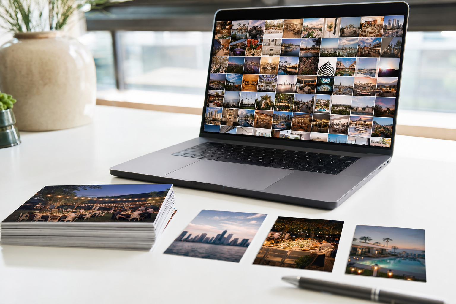 A laptop on a bright desk showing a grid of photos beside a small stack of printed selects, ready to share with a client from Google Drive.