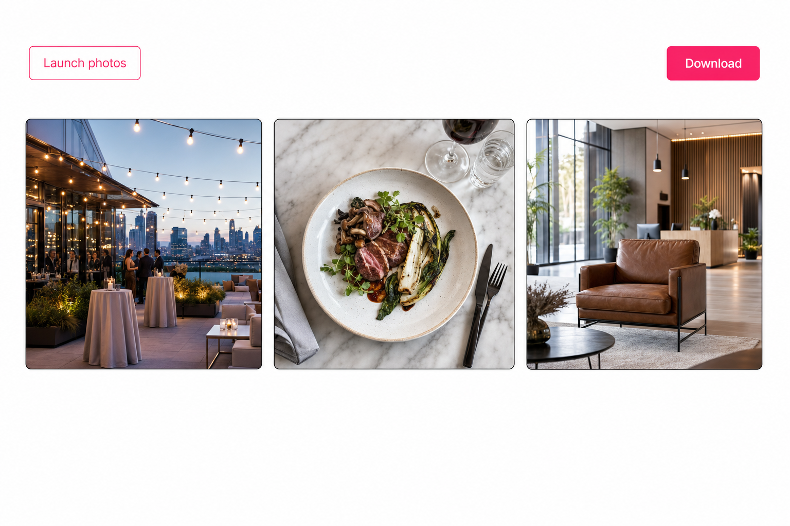A shared photo delivery page with a gallery name pill, three photo thumbnails, and a download button, with no zip file involved.