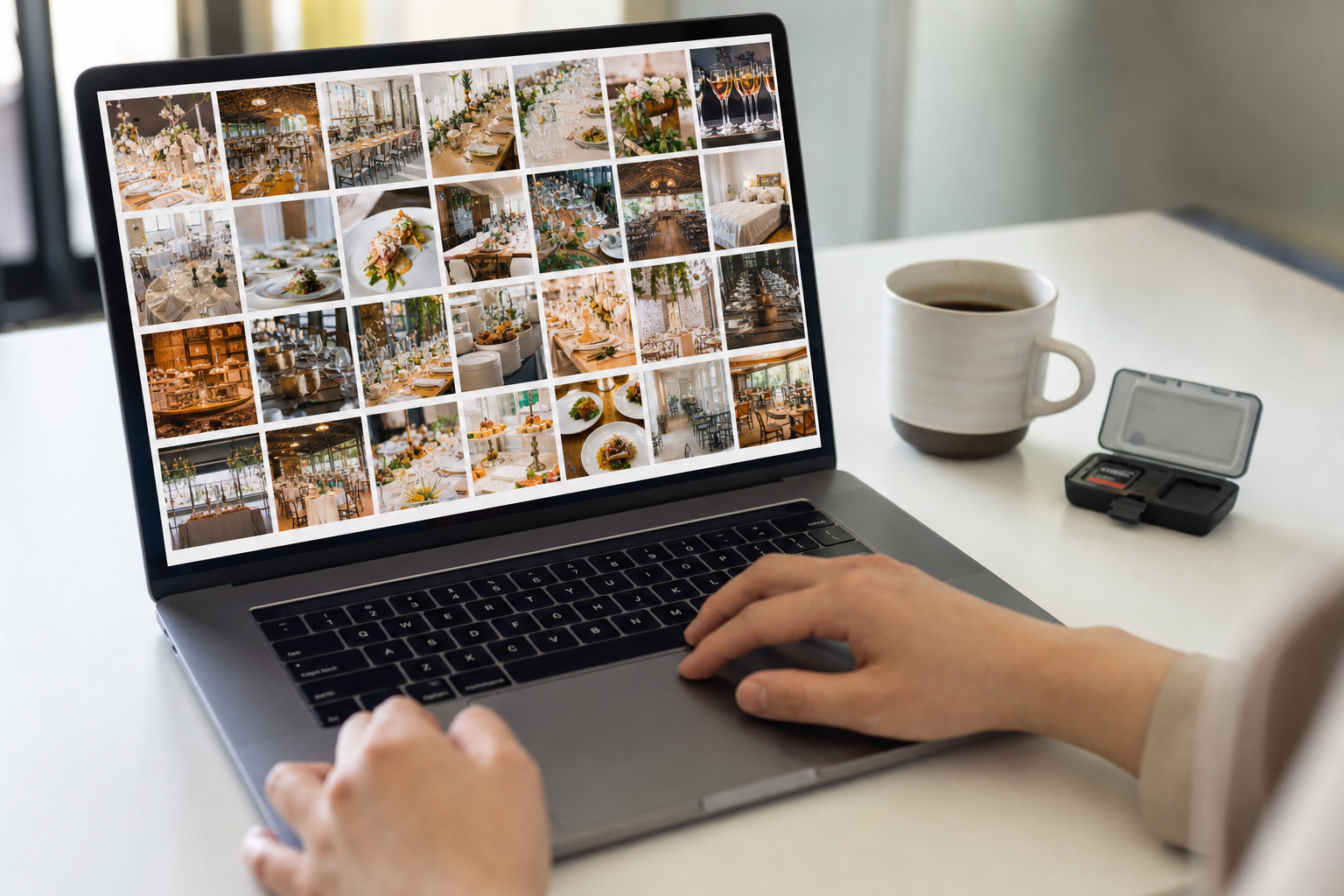A photographer's desk with a laptop showing a bright photo grid, ready to share photos without a zip file.