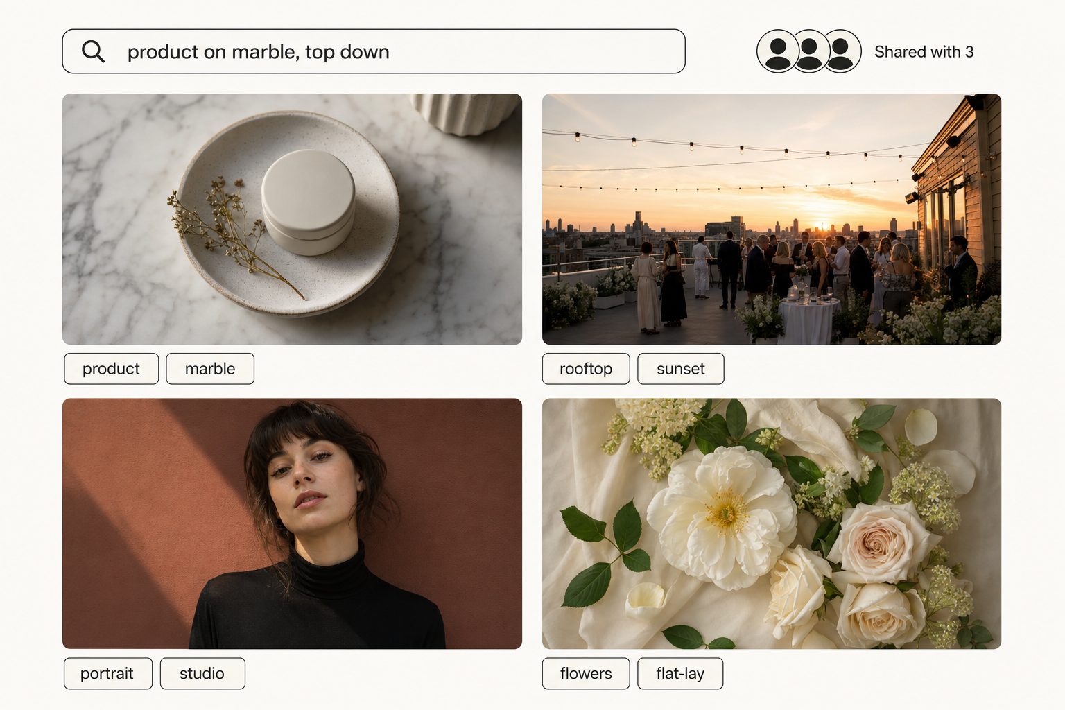 Product mockup of a shared searchable photo catalog with a description search query, a Shared with 3 access label, and a grid of tagged photo cards.