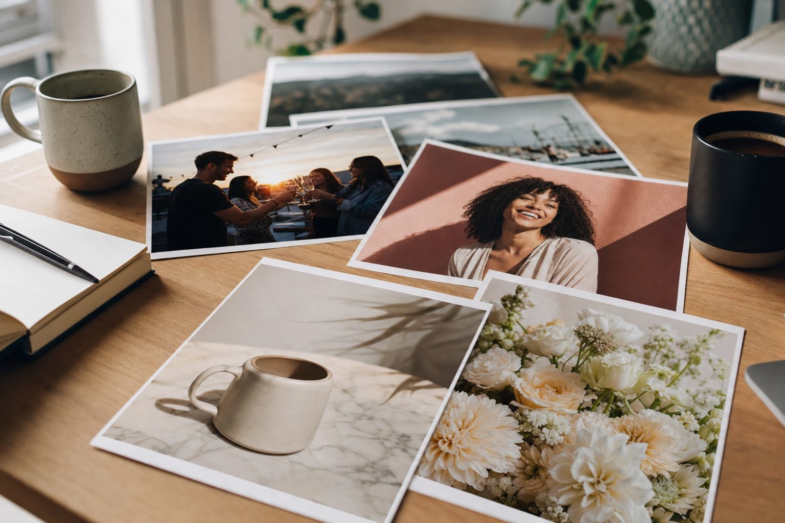 A spread of printed photos on a desk with a small selected set clipped aside, the curated shots you share with clients instead of the whole take.