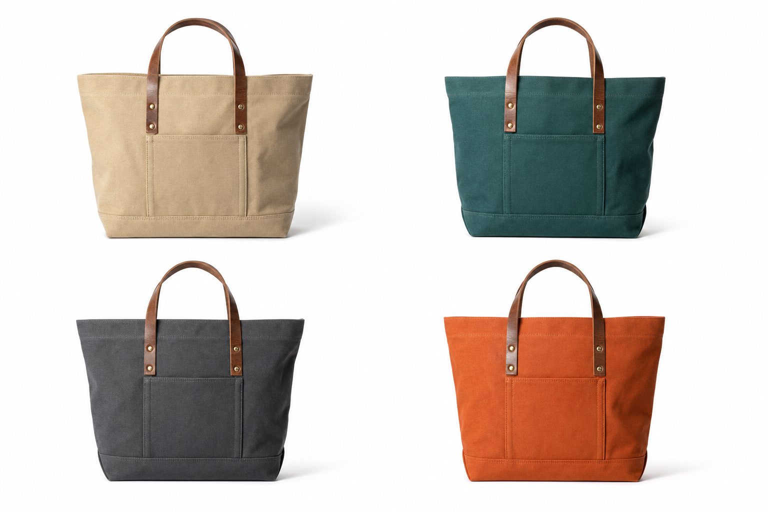 Four canvas tote bags in different colorways in a clean grid, an organized Shopify product photo set a store keeps findable.