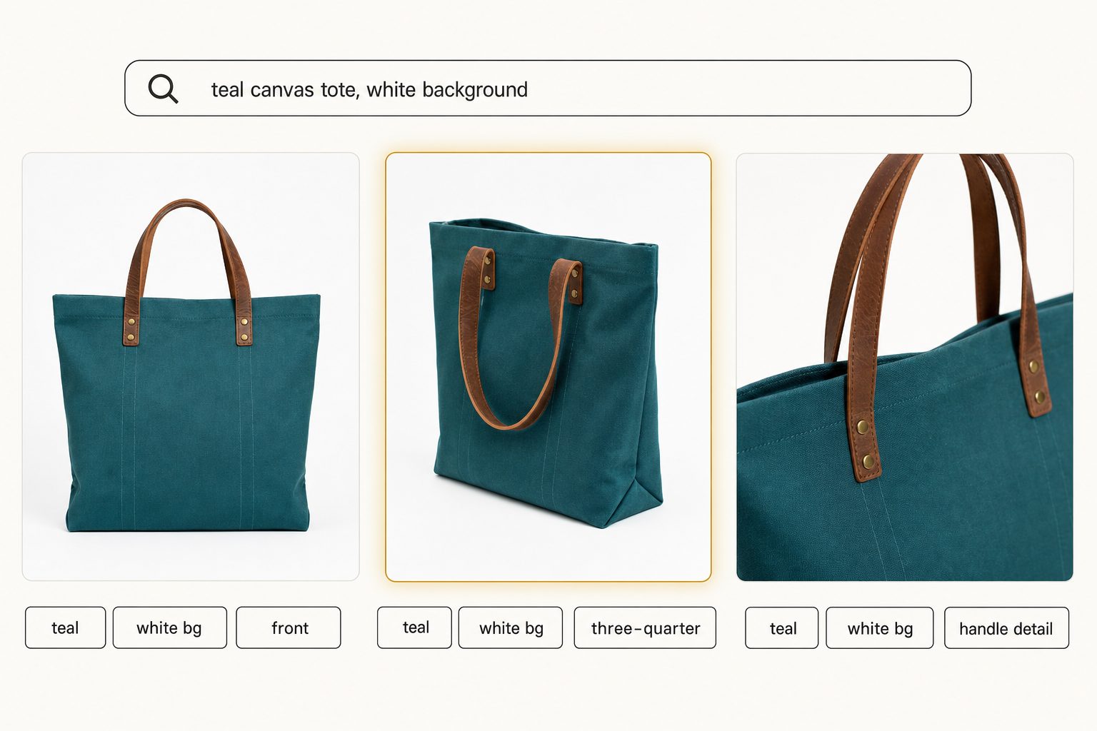 A product photo catalog search for "teal canvas tote, white background" returning three tote result cards with readable tag pills, the center card highlighted as the top match.