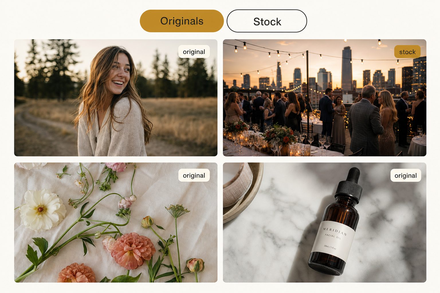 Product mockup of a photo catalog filtered by an Originals and Stock toggle, with photo cards badged original or stock.