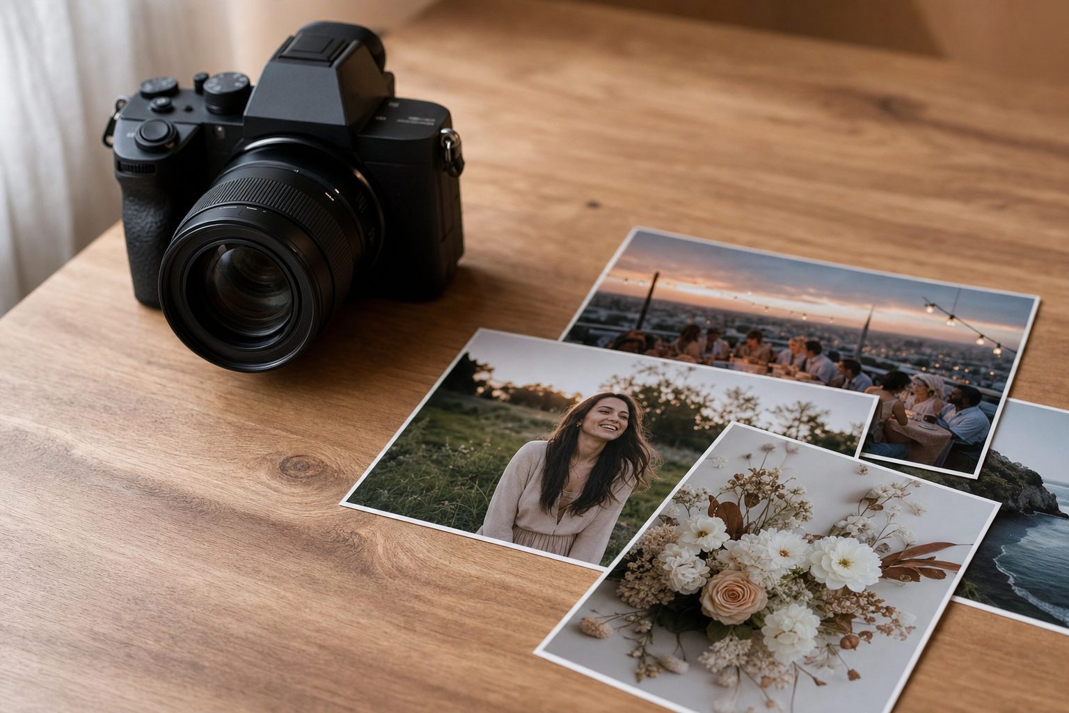 A professional camera resting beside printed photos on a desk, the difference between original shots and stock downloads.