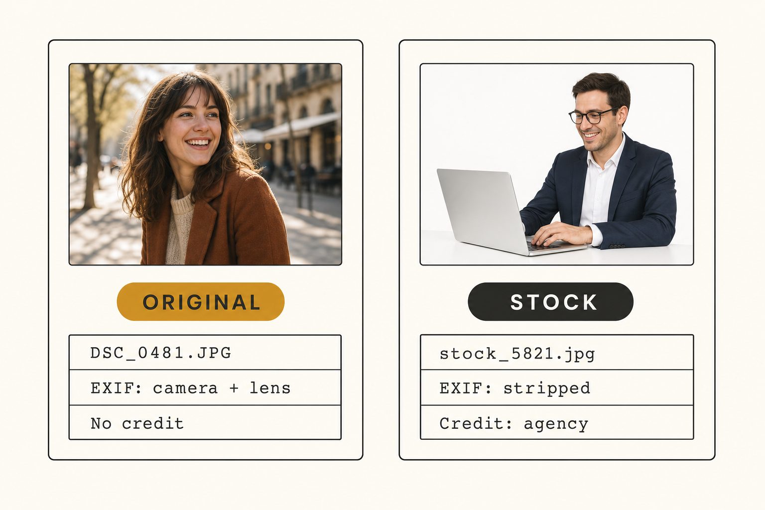 Editorial diagram comparing an original photo file with camera EXIF and a stock photo file with stripped metadata and an agency credit.