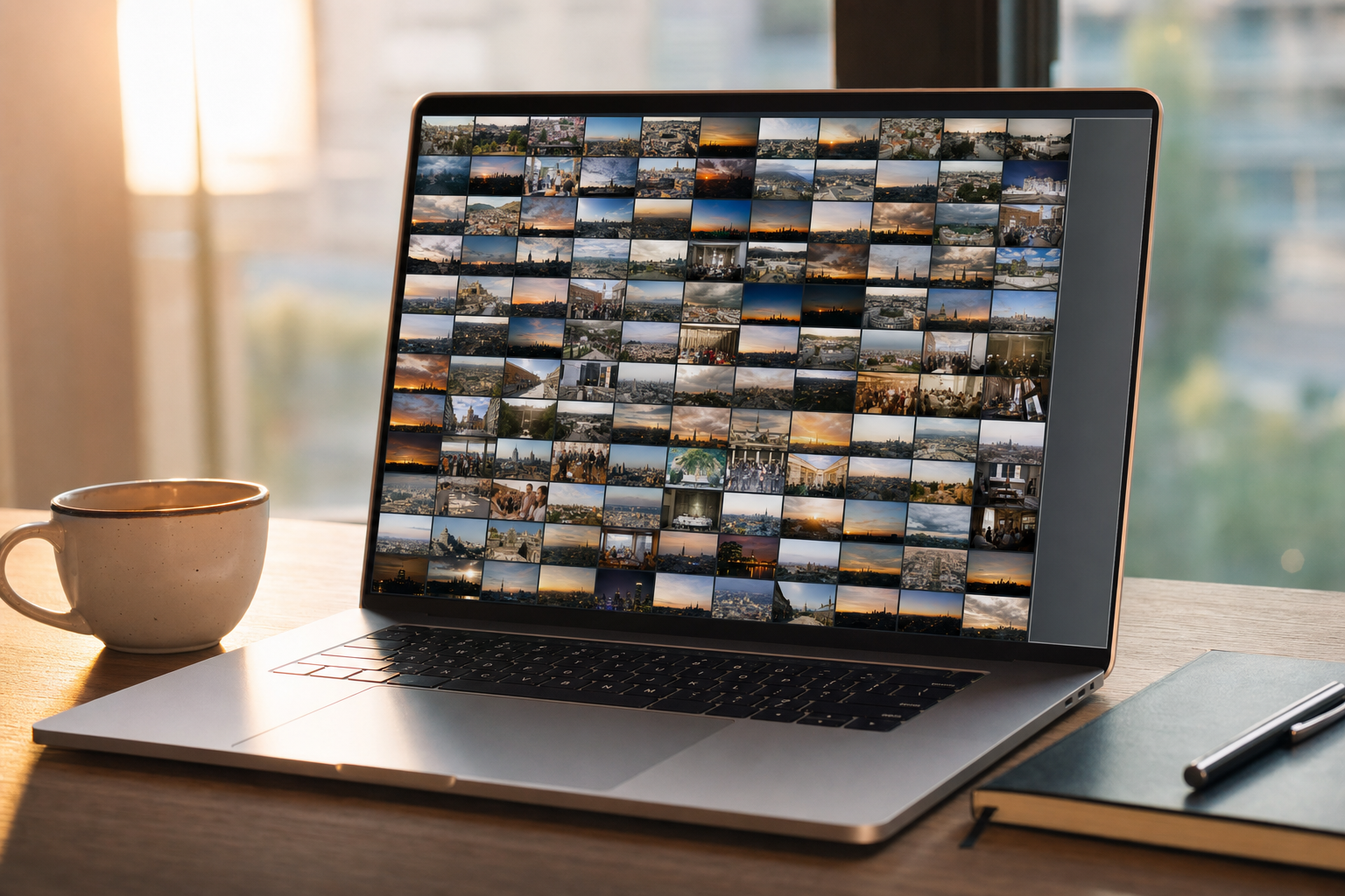 A laptop showing a OneDrive photo grid with a details pane open, the starting point for tagging photos in OneDrive.
