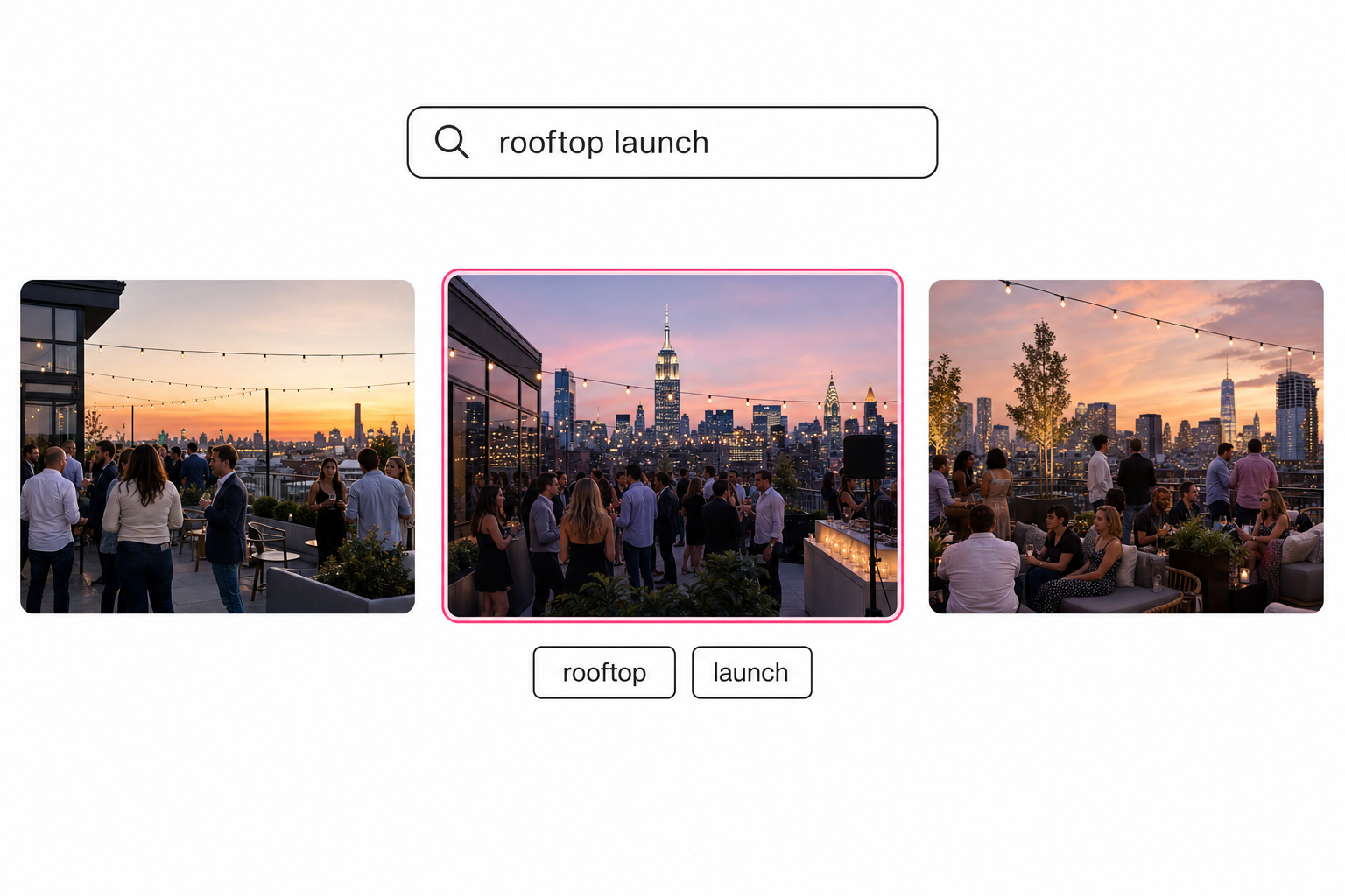 Tagrly search interface showing the typed query "rooftop launch" returning three matching photos, the center one ringed in pink as the top match.