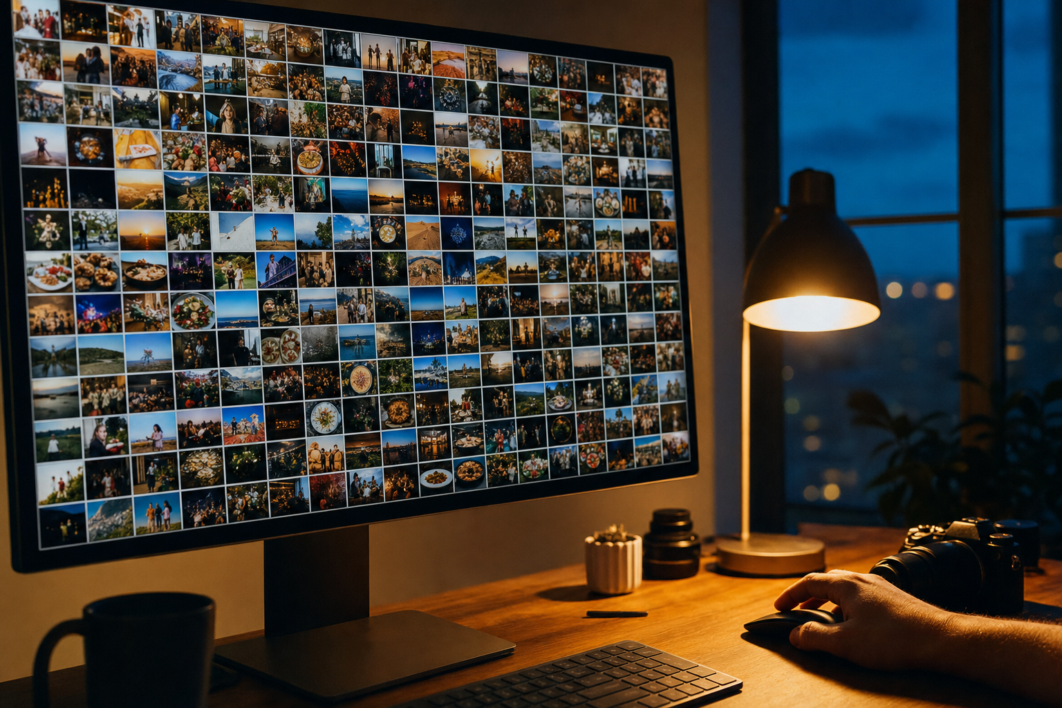 A desktop monitor filled with a grid of untagged photos at dusk, the starting point for tagging photos in Windows 11.