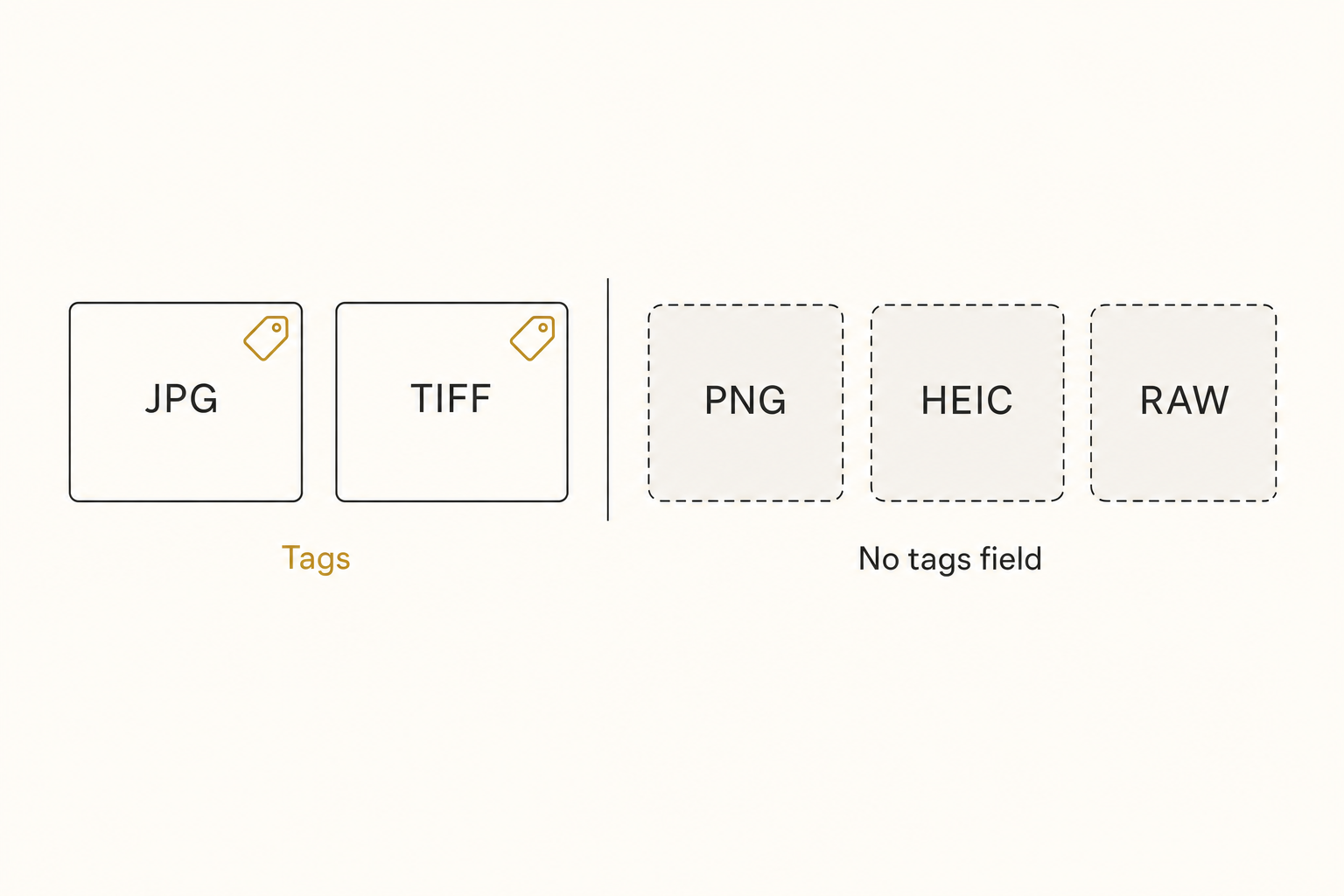 Diagram of which photo formats accept Windows tags: JPG and TIFF do, while PNG, HEIC, and RAW have no tags field.