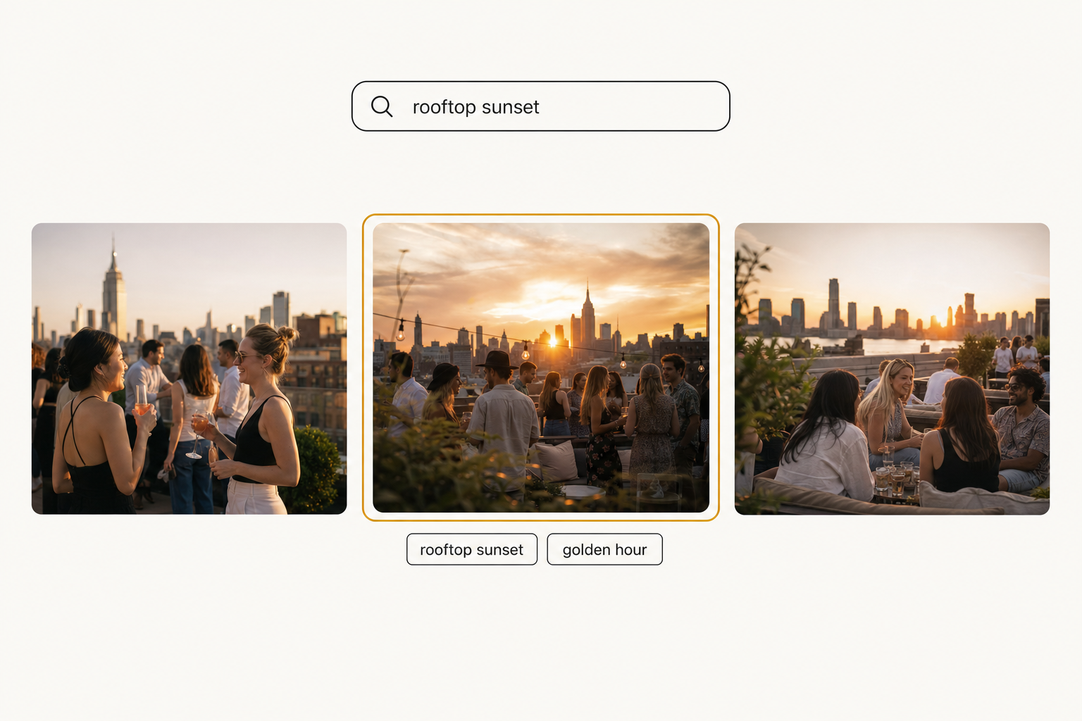 Tagrly search interface showing the typed query "rooftop sunset" returning three matching photos, the center one ringed in amber as the top match.