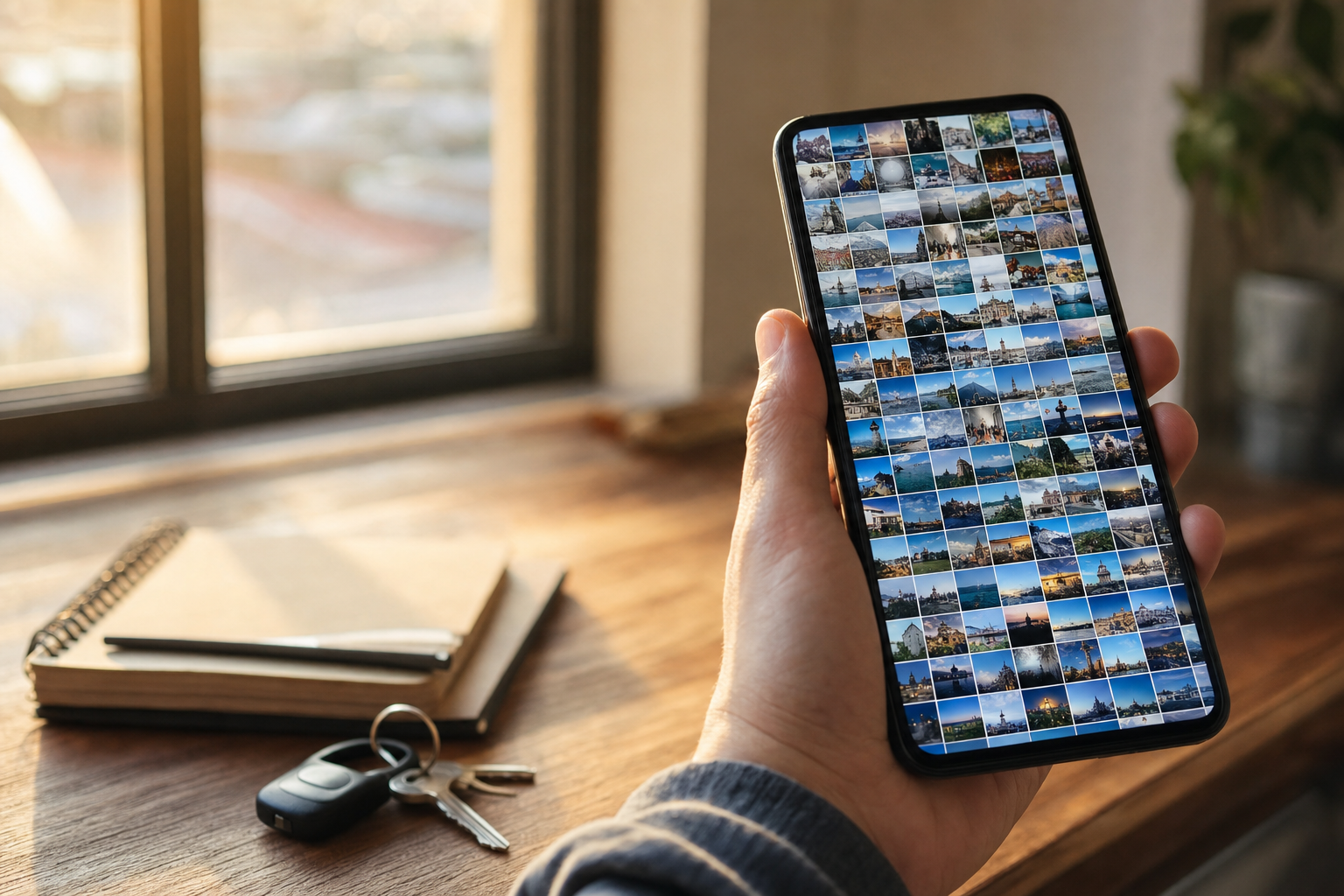 A hand holding an Android phone showing a grid of untagged photos, the starting point for tagging photos on Android.