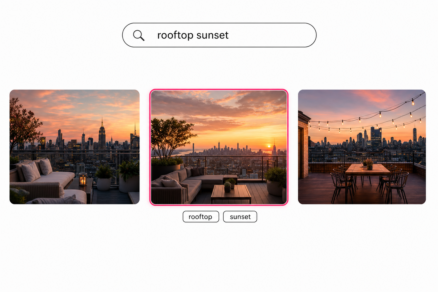 Tagrly search interface showing the typed query "rooftop sunset" returning three matching photos, the center one ringed in pink as the top match.