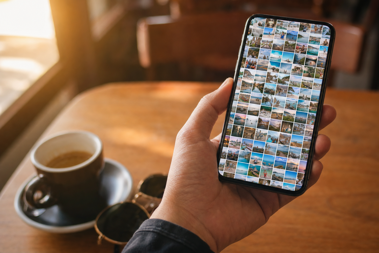 A hand holding an iPhone showing a grid of untagged photos, the starting point for tagging photos on an iPhone.