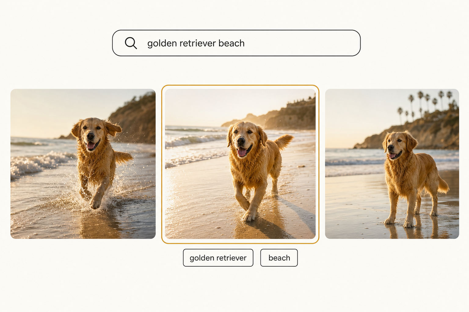 Tagrly search interface showing the typed query "golden retriever beach" returning three matching photos, the center one ringed in amber as the top match.