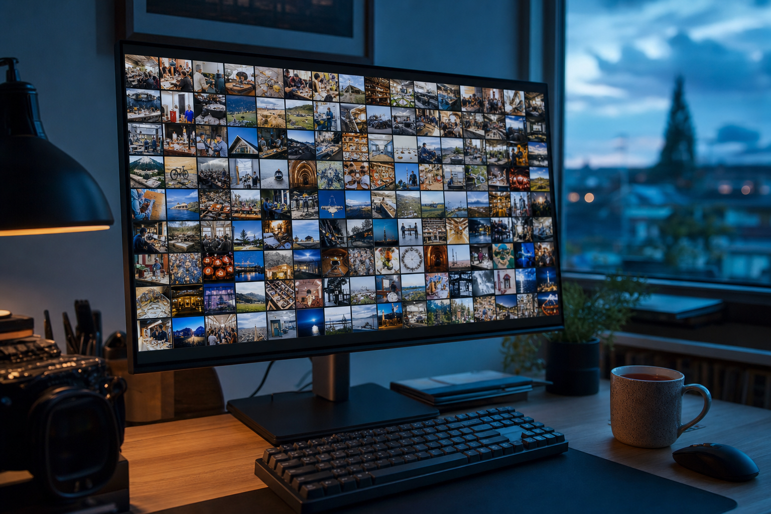 A Linux desktop showing a grid of untagged photos in blue evening light, the starting point for tagging photos on Linux.