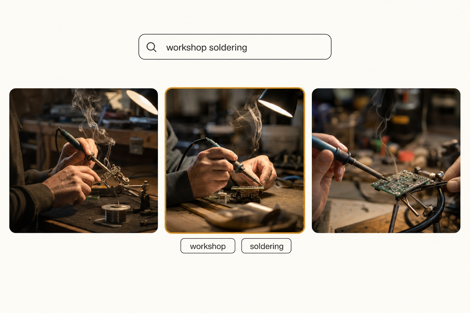 Tagrly search returning three workshop photos for the query "workshop soldering", the center one ringed in amber as the top match.