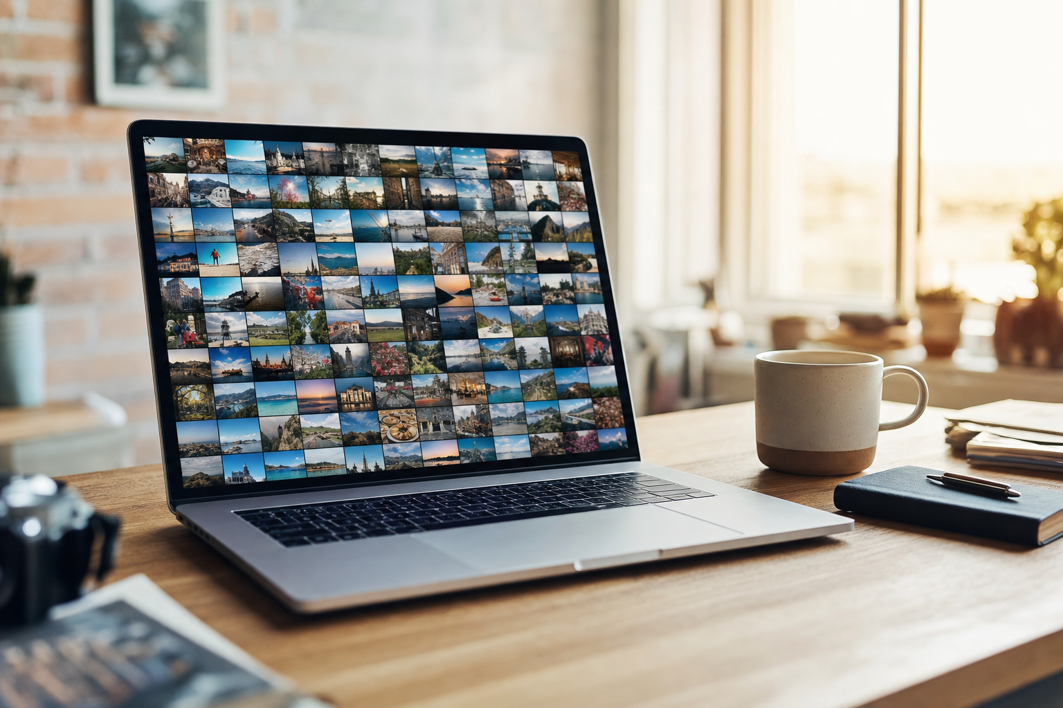 A laptop screen filled with a grid of untagged photos in morning light, the starting point for tagging photos on a Mac.
