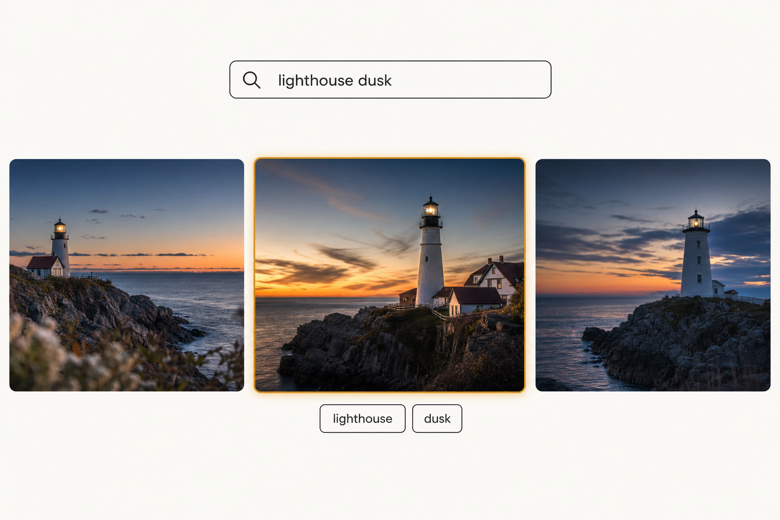 Tagrly search interface showing the typed query "lighthouse dusk" returning three matching coastal photos, the center one ringed in amber as the top match.