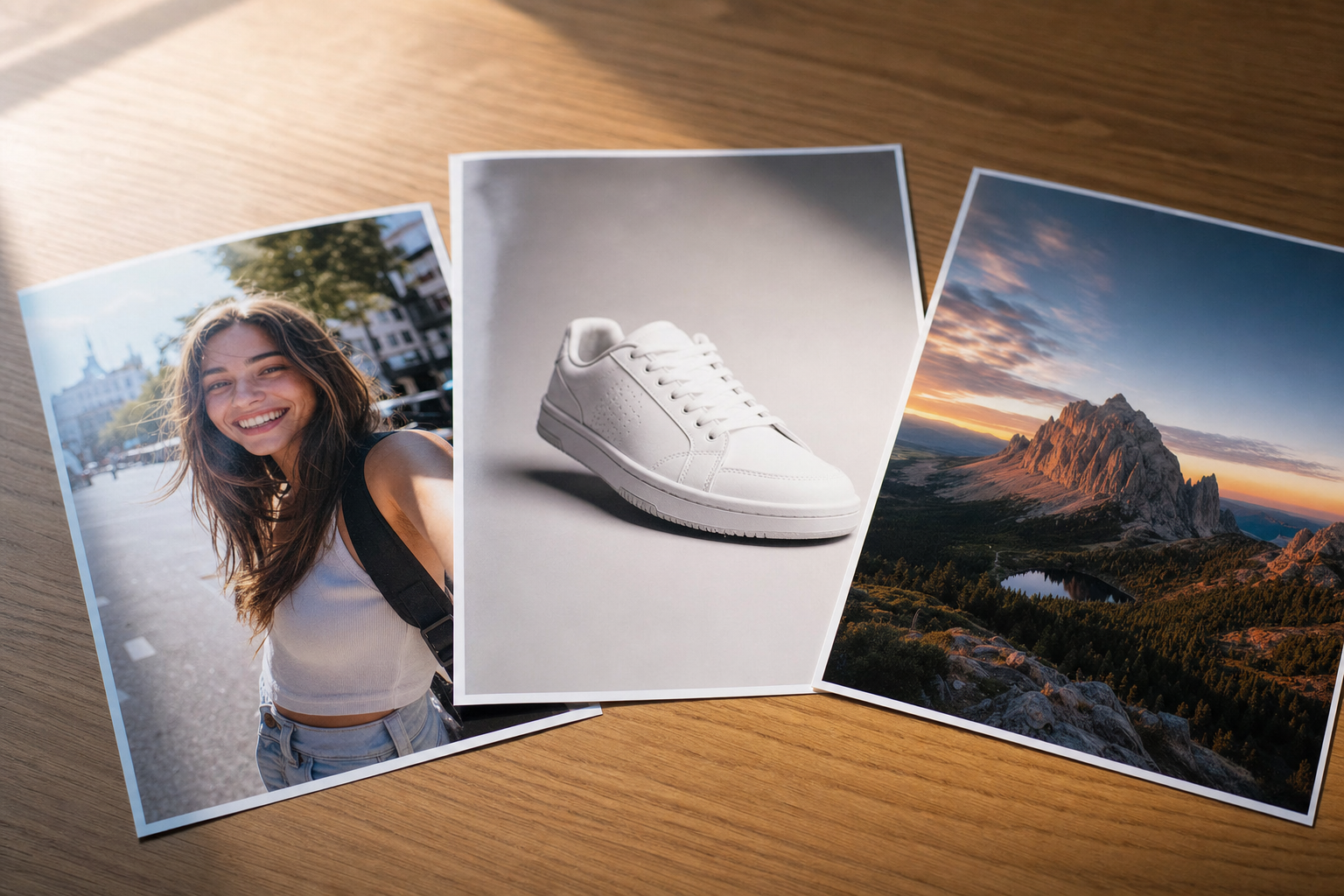 An iPhone HEIC photo, a WebP web image, and a camera RAW file feeding into one searchable tagged photo library.