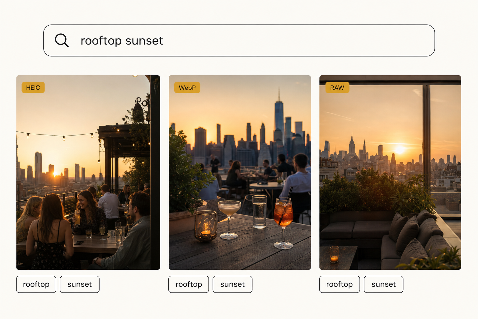 A search interface showing the query 'rooftop sunset' returning three matching photo cards labeled HEIC, WebP, and RAW, proving mixed formats tag into one searchable library.