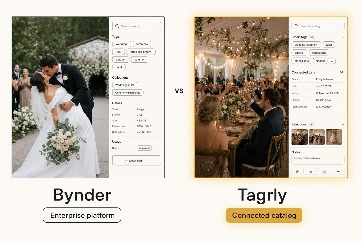 A side-by-side comparison card weighing Bynder, an enterprise photo platform, against Tagrly, a connected cloud catalog, as Bynder alternatives.