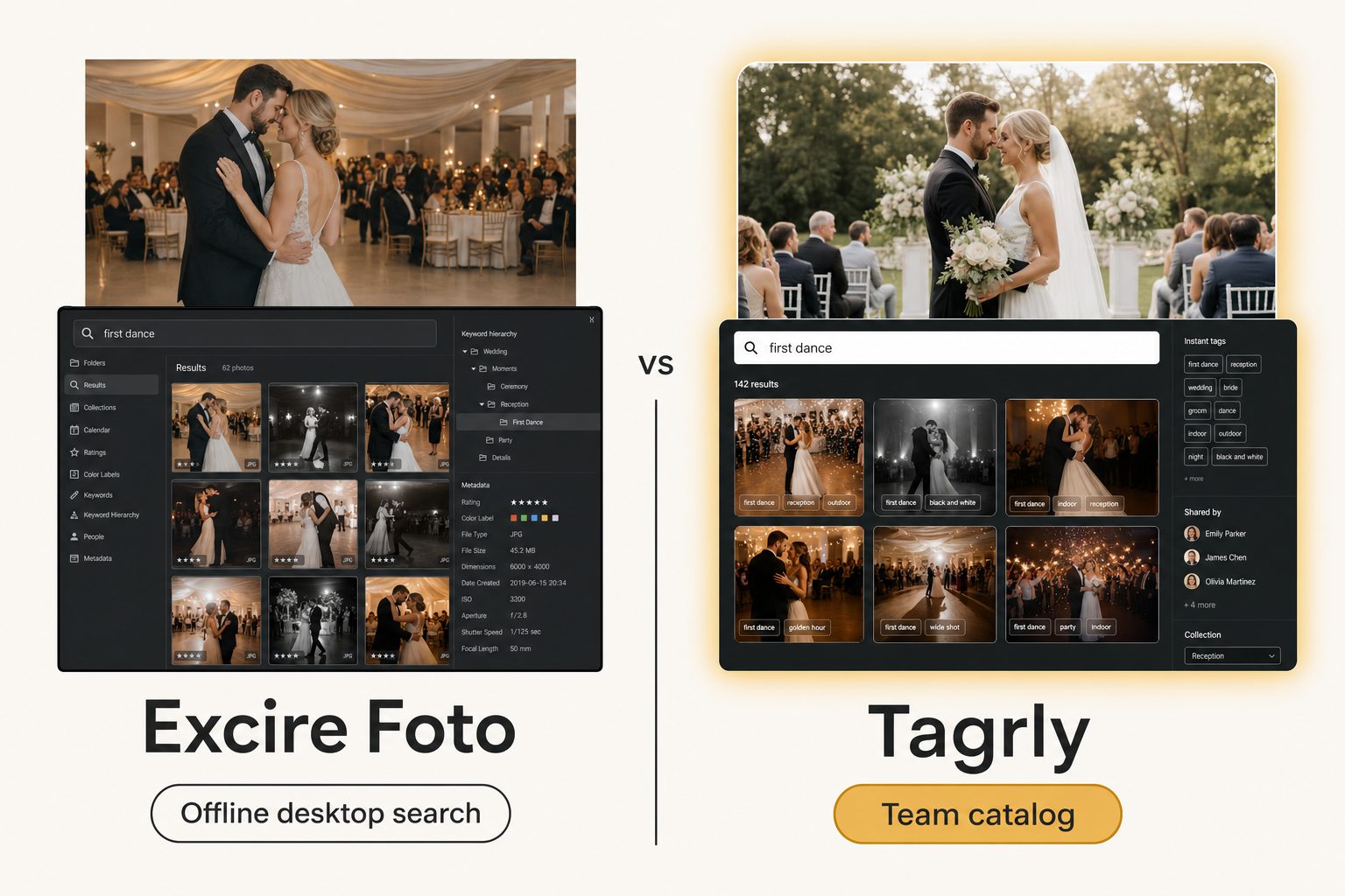 A side-by-side card weighing Excire Foto, an offline desktop photo search tool, against Tagrly, a team searchable catalog.