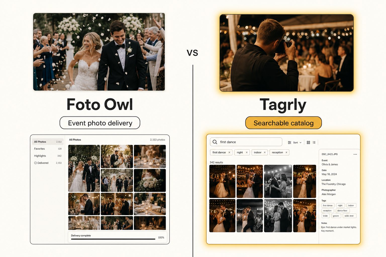 A side-by-side card weighing Foto Owl, a face-recognition event delivery tool, against Tagrly, a searchable photo catalog.