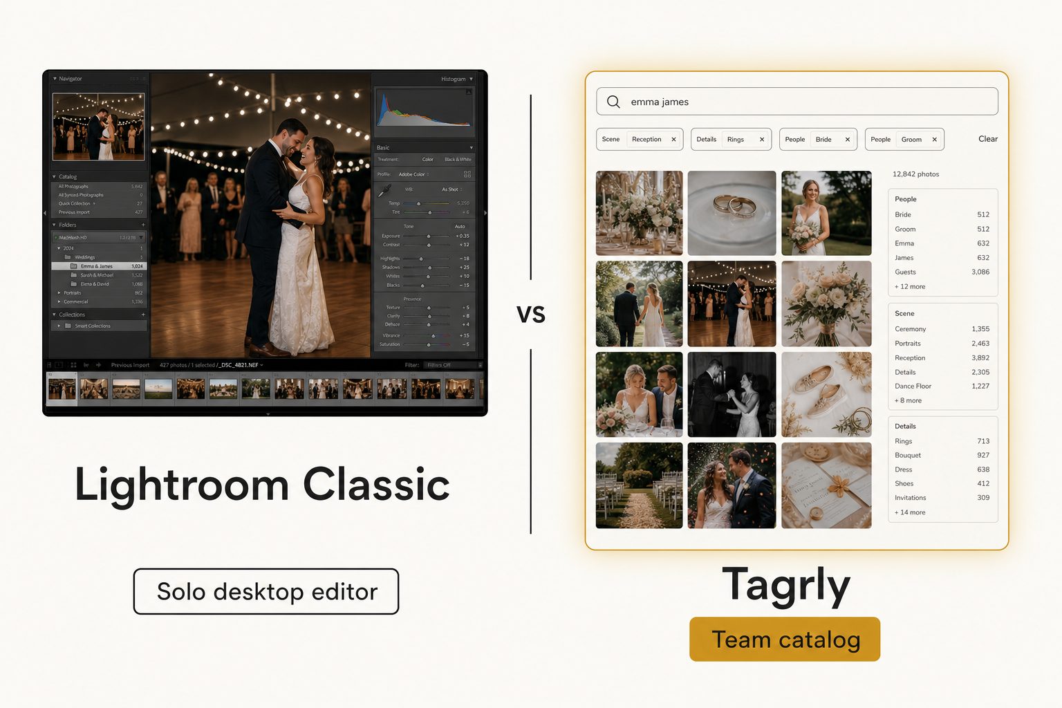 A side-by-side card weighing Lightroom Classic, a solo desktop editor, against Tagrly, a team searchable catalog.