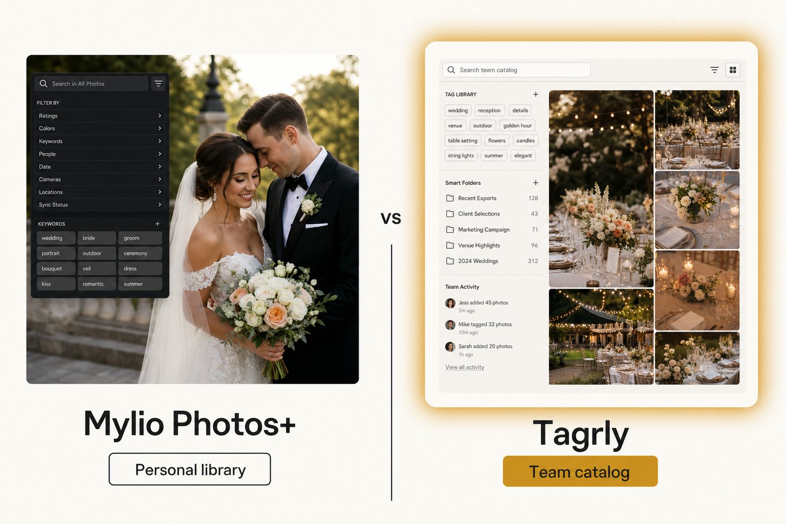 A side-by-side card weighing Mylio Photos+, a personal cross-device photo library, against Tagrly, a team searchable catalog.