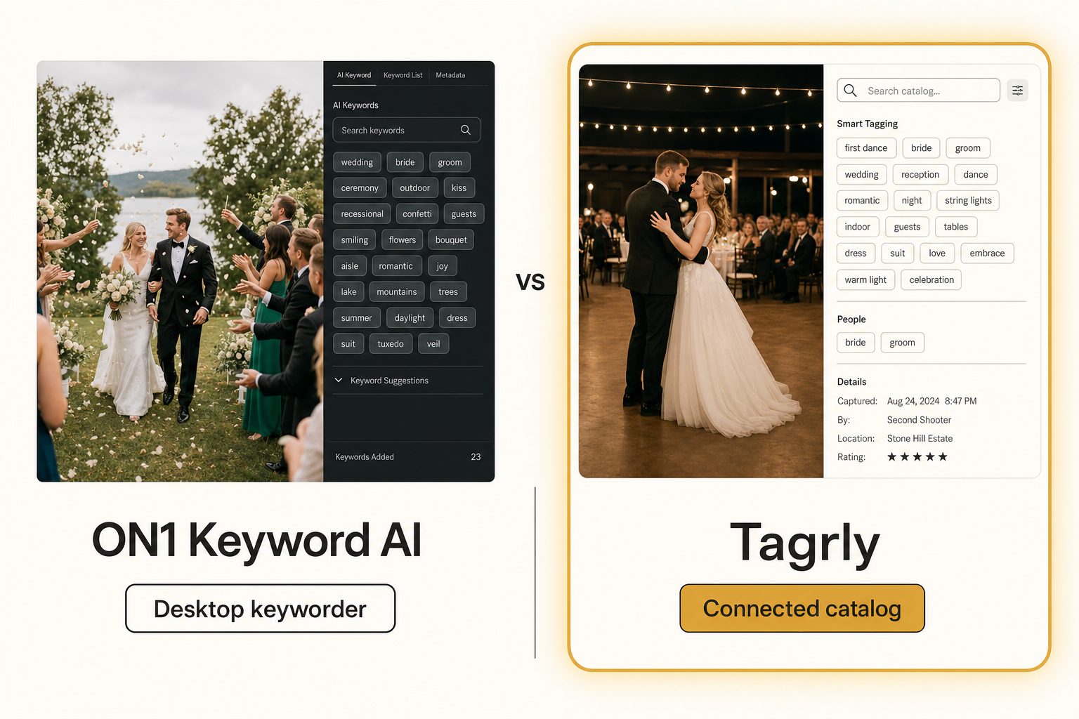 A side-by-side card weighing ON1 Photo Keyword AI, a desktop keyworder, against Tagrly, a connected cloud catalog.