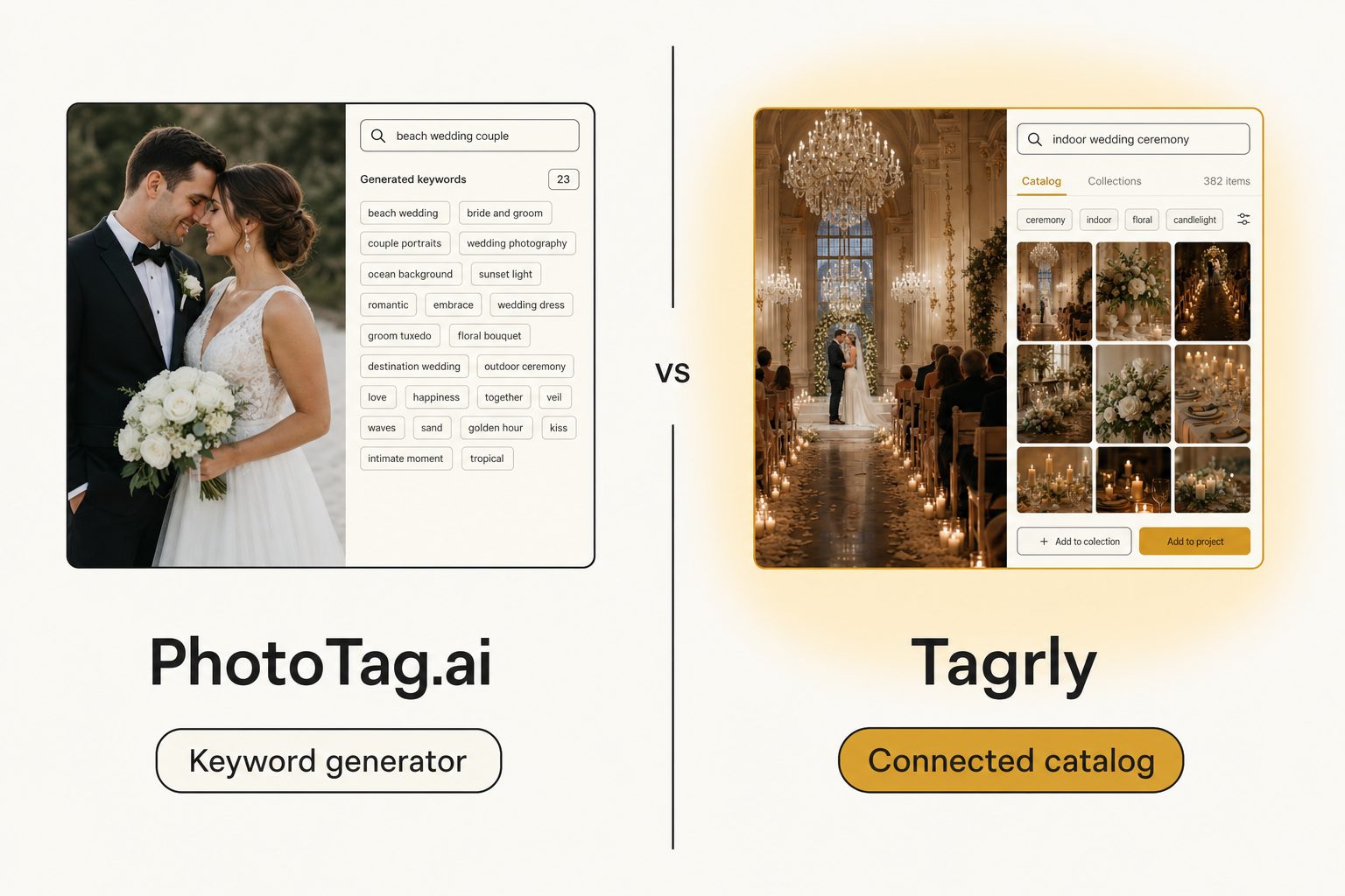 A side-by-side comparison card weighing PhotoTag.ai, an AI keyword generator, against Tagrly, a connected cloud catalog, as PhotoTag.ai alternatives.