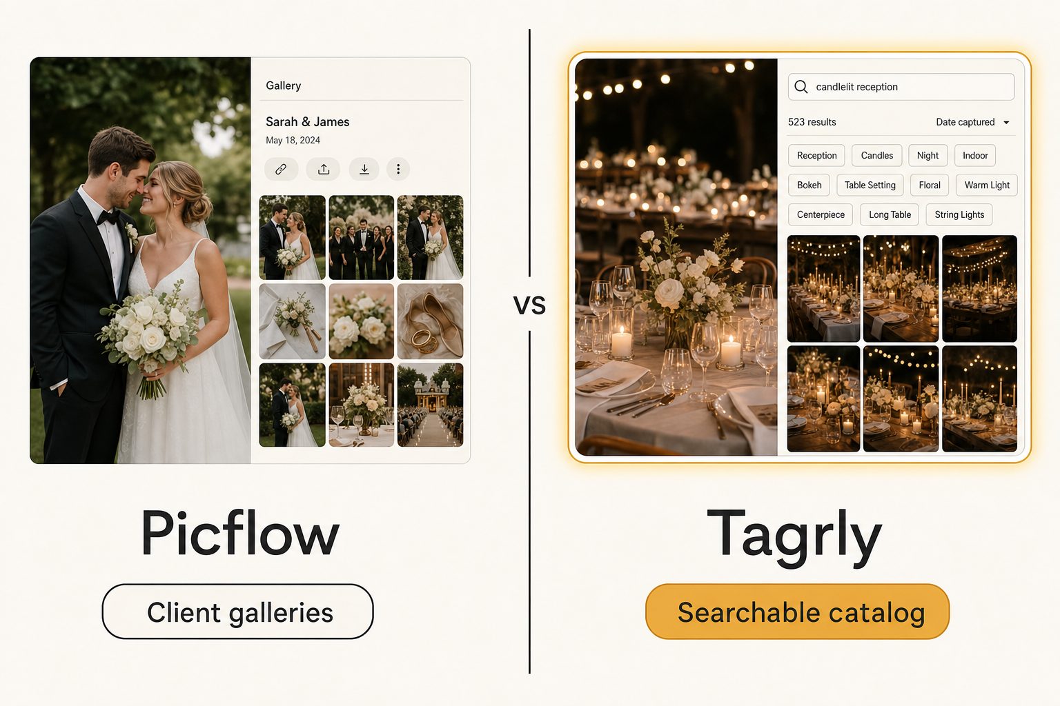 A side-by-side card weighing Picflow, a client gallery and proofing tool, against Tagrly, a searchable photo catalog.