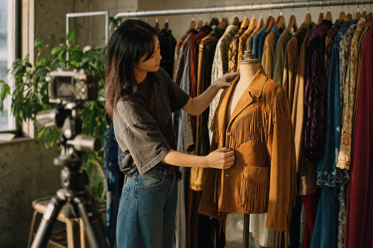 A vintage seller photographs a 1970s suede fringe jacket on a dress form beside a rack of one-of-a-kind garments.