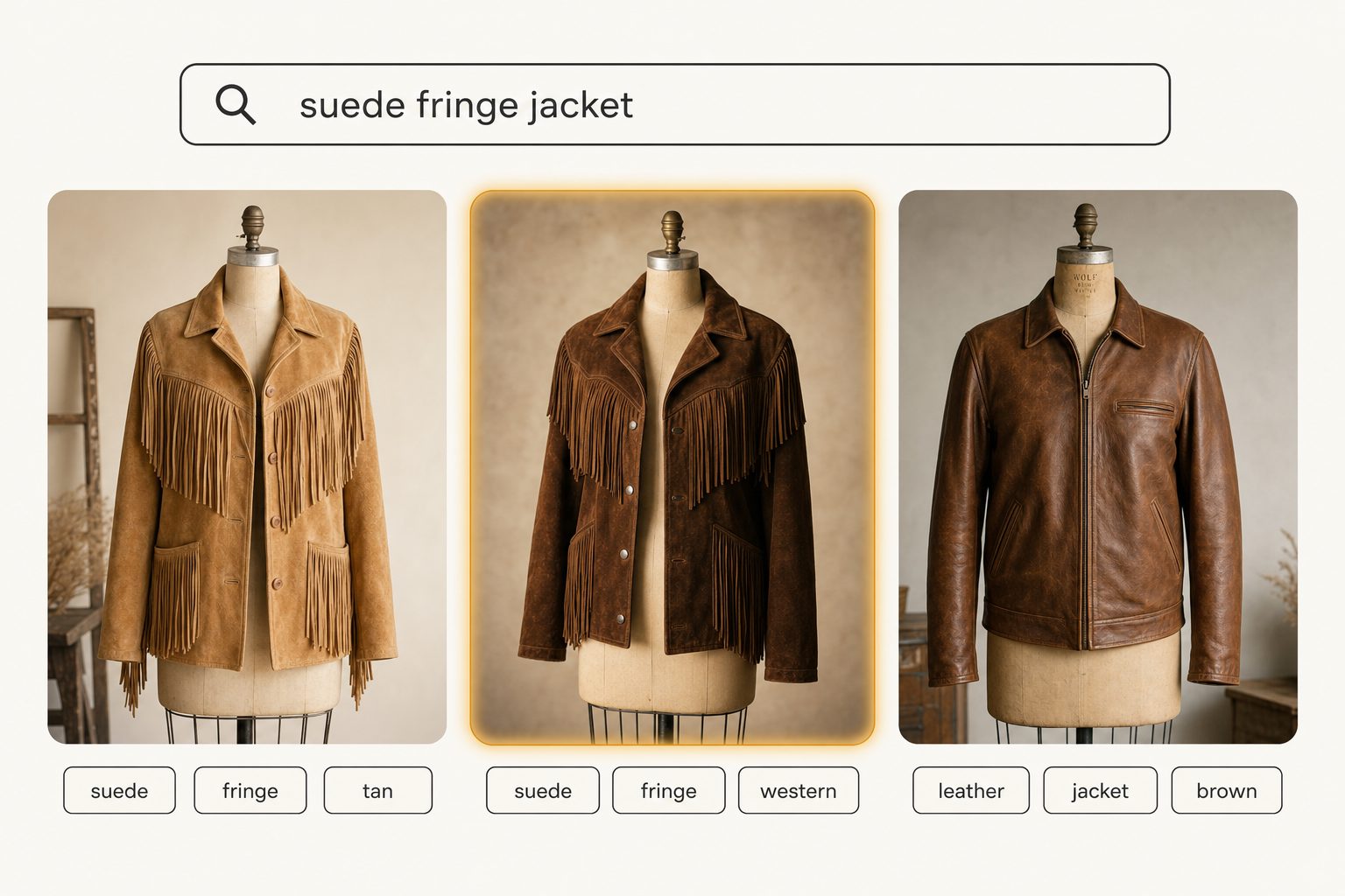 A photo search interface with the query "suede fringe jacket" returning three vintage jacket result cards with tag pills, the center card highlighted as the top match.