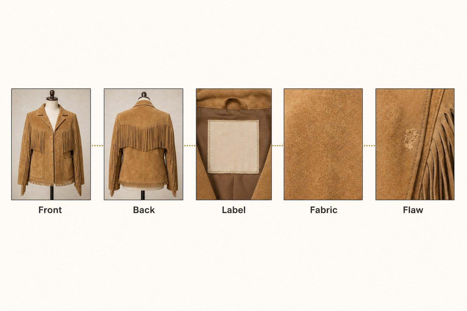 A five-frame vintage inventory shot list showing the same suede jacket photographed front, back, label, fabric, and flaw.