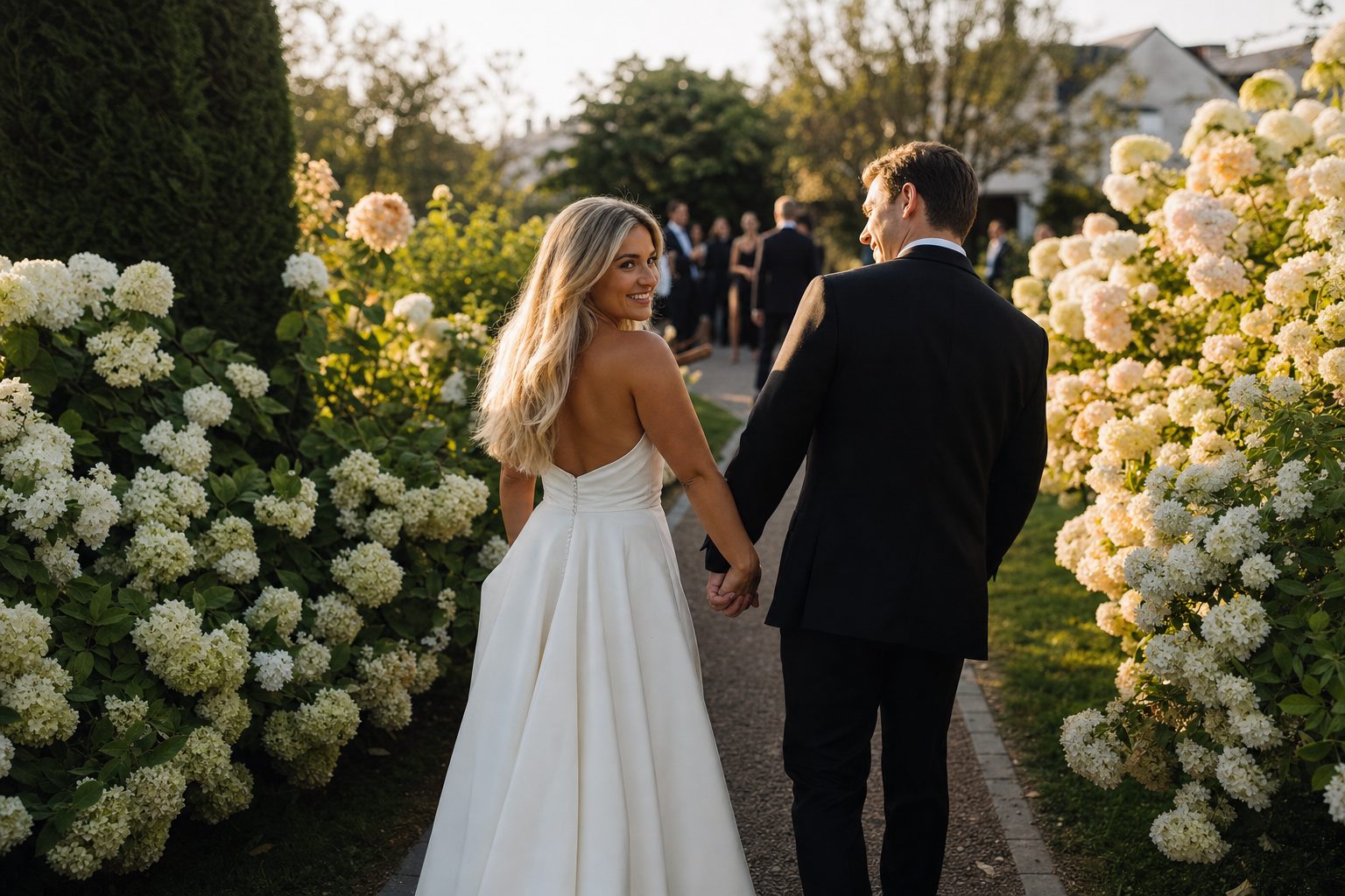 A bride and groom walking a sunlit garden path at golden hour, a wedding photographer client gallery favorite.