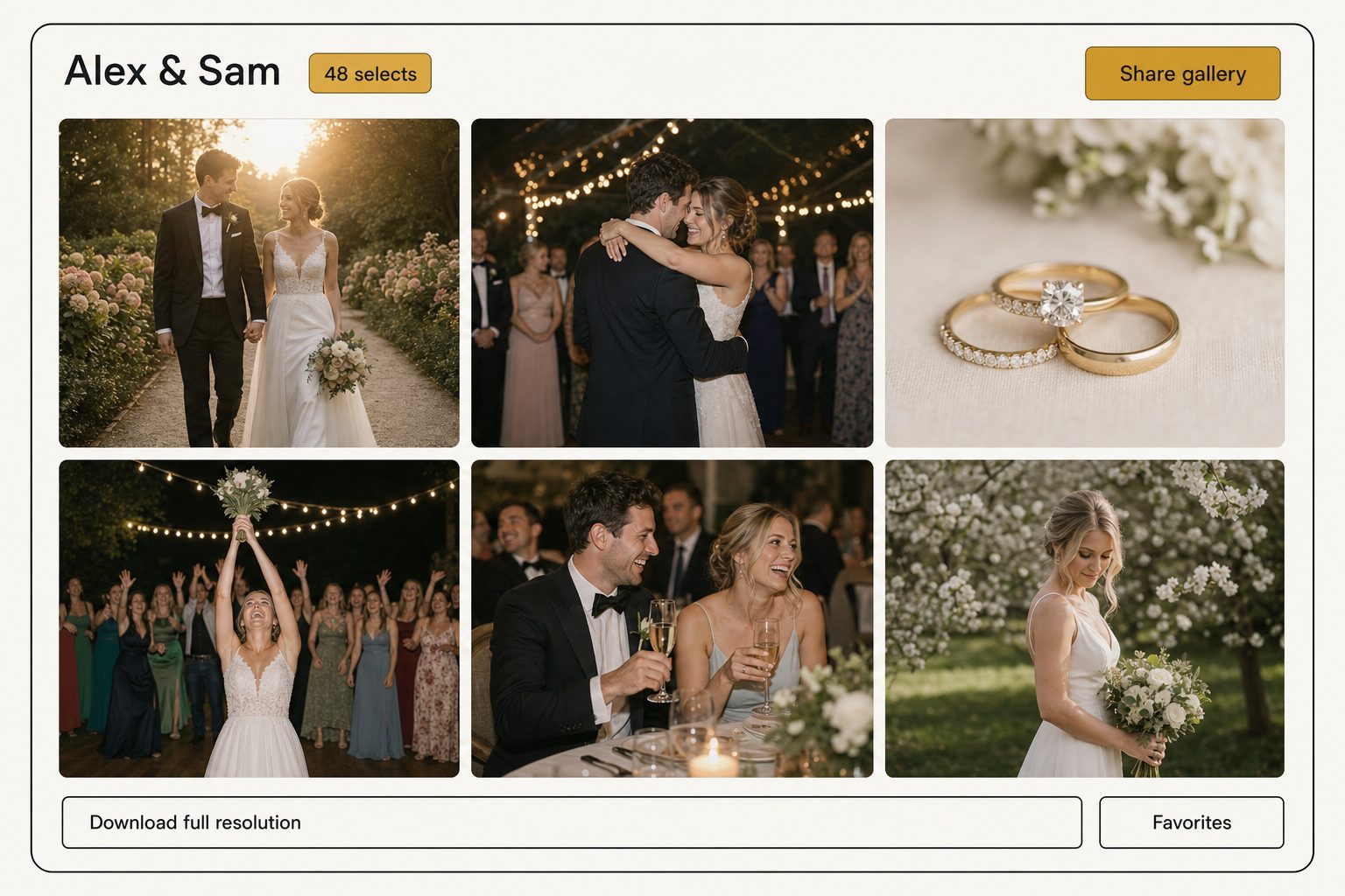 Product mockup of a wedding client gallery named Alex and Sam with 48 selects, a Share gallery button, a Favorites control, and a grid of approved wedding photos.