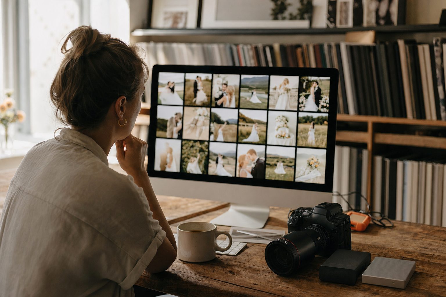 Wedding photography photo organization in practice: a photographer reviewing an archive of wedding photos at a studio desk.