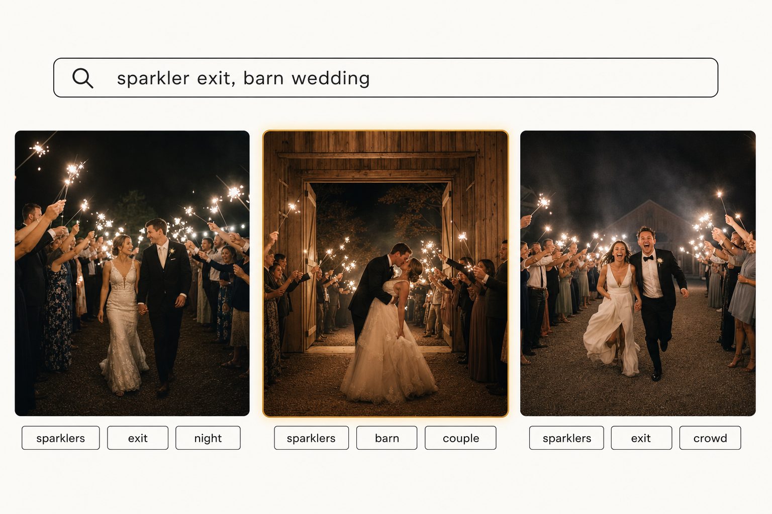 A wedding archive search interface with the query "sparkler exit, barn wedding" returning three photorealistic sparkler exit photos with tag pills beneath each result.