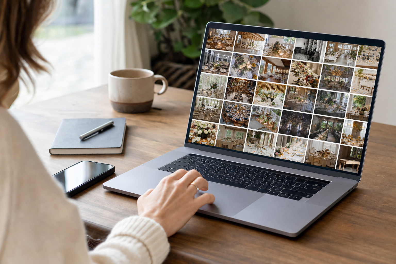 A person at a laptop reviewing a photo library while deciding whether to cancel a photo catalog subscription.