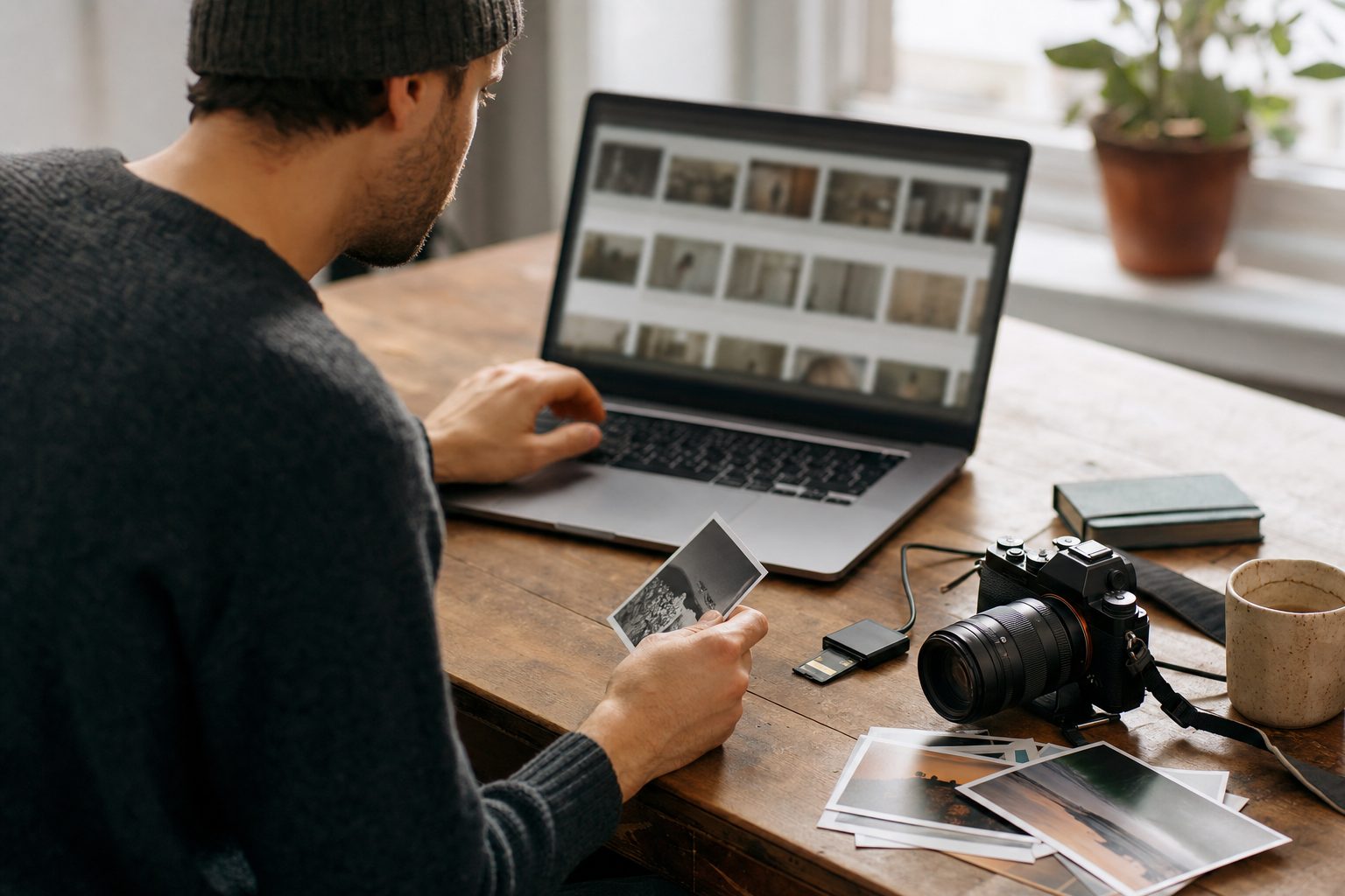 A photographer reviewing photo metadata on a laptop beside a camera, prints, and a memory card reader.