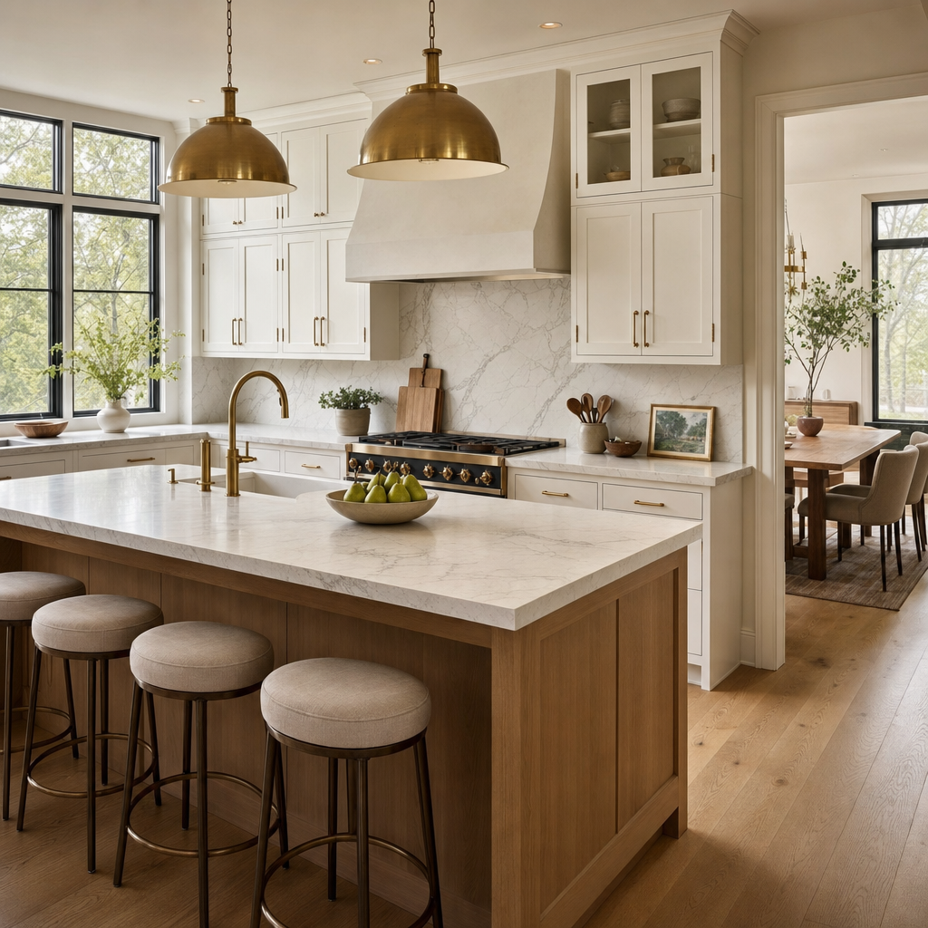 Modern warm kitchen with white-oak island, brass fixtures, and white shaker cabinets.