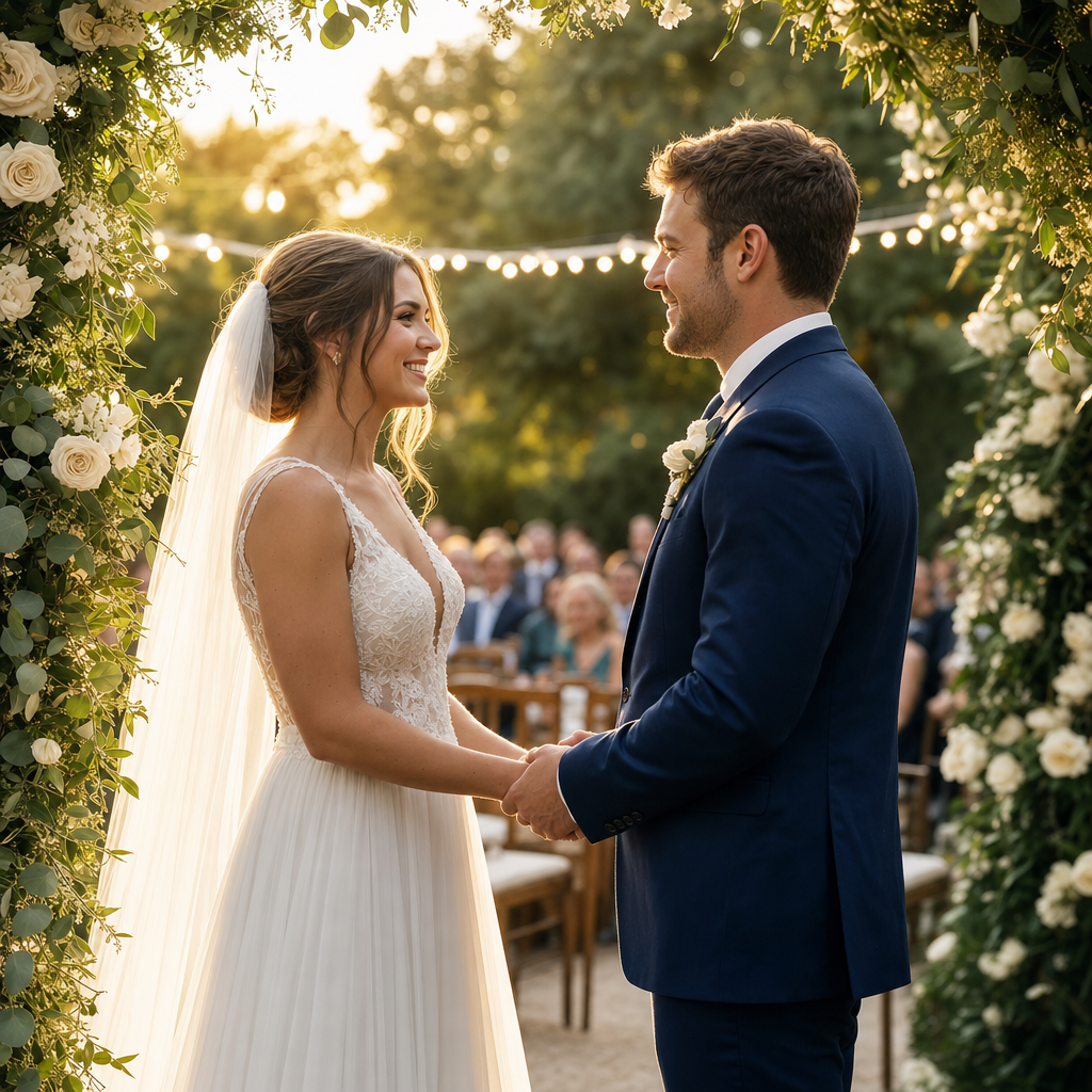 Bride and groom holding hands at a sunlit garden ceremony with white-rose altar and string lights.
