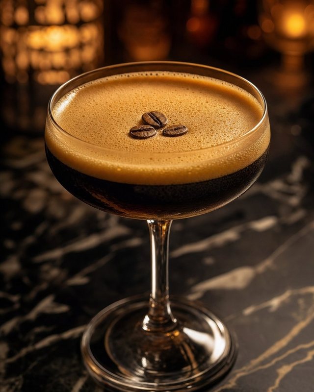 Espresso martini with thick crema foam and three coffee beans in a coupe glass on a dark bar counter