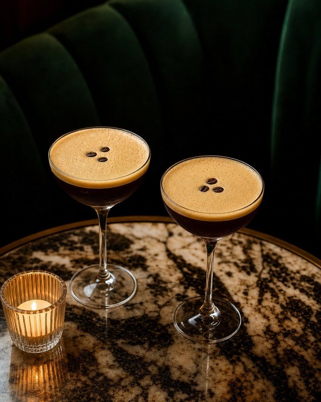 Two espresso martinis with dense coffee foam and three coffee beans each, on a marble table with a lit candle and green velvet booth backdrop.