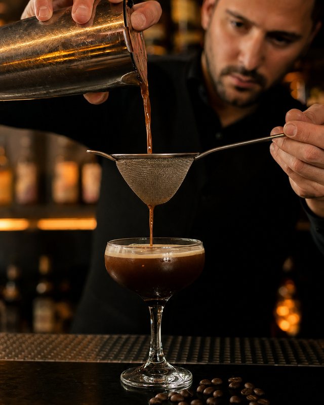 Bartender straining espresso martini through a fine mesh into a coupe glass, with coffee beans scattered on the bar.