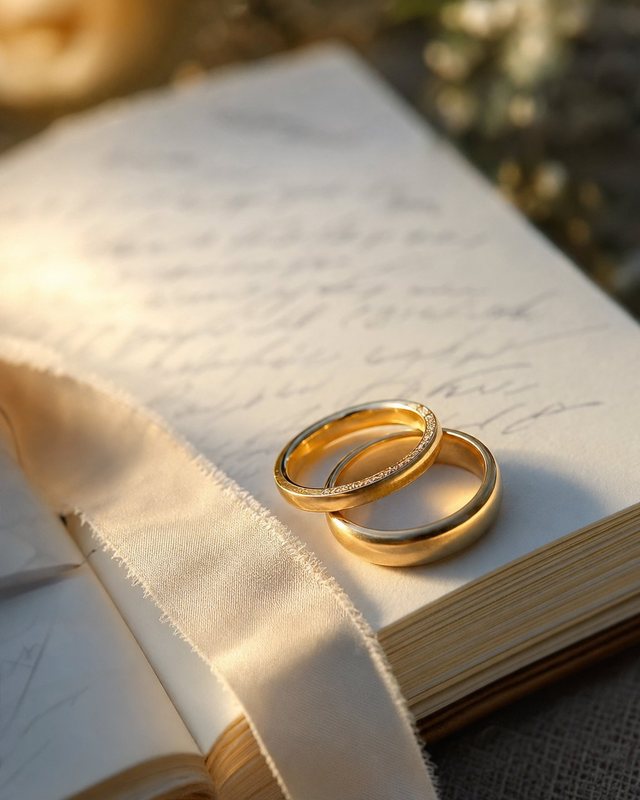 Two gold wedding rings resting on an open book with a white ribbon and small white flowers nearby.